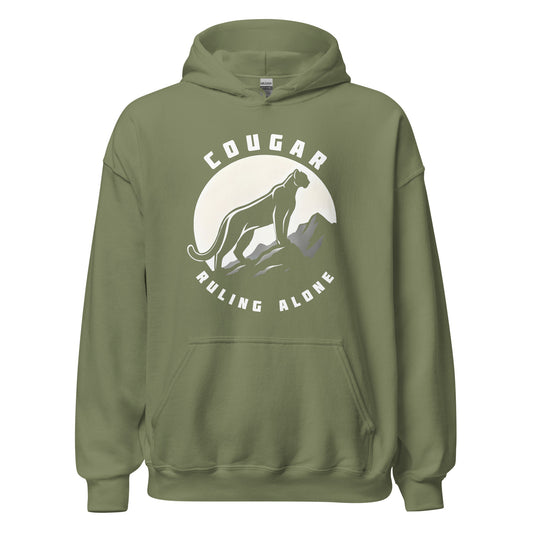 Cougar Unisex Hoodie "Ruling Alone" Premium animal motif,bold design,casual style,comfort wear,cougar,freedom,hoodie,iconic,independence,motivational,mountain,nature,nature-inspired,premium quality,resilience,ruling,solitude,strength,unique design,unisex,