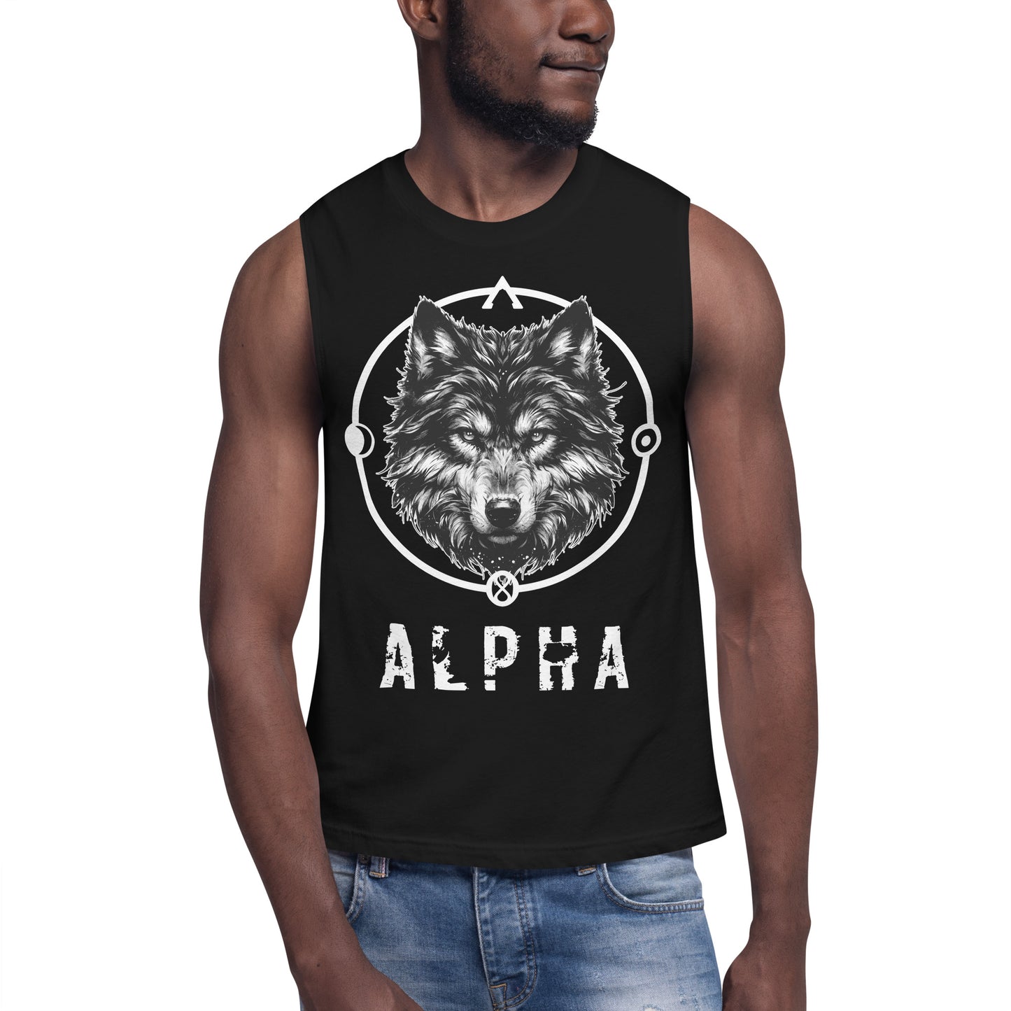 Wolf Muscle Shirt "Alpha" active wear,alpha,animal motif,bold design,endurance,gym wear,iconic,leadership,lone wolf,motivational,muscle shirt,power,premium quality,resilience,spirit animal,strength,unique design,unisex,wolf