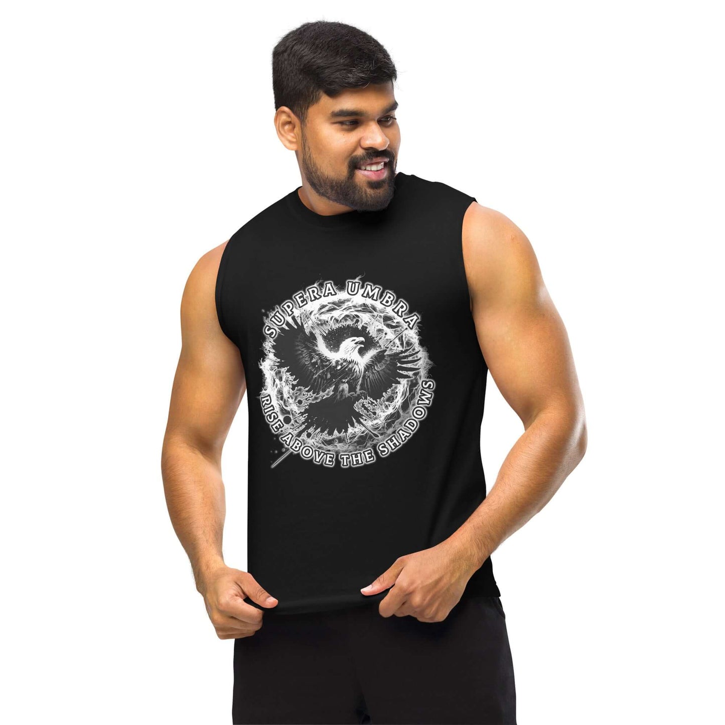 Eagle Muscle Shirt "Rise above the Shadows" above all,active wear,animal motif,bold design,eagle,endurance,focus,freedom,gym wear,iconic,independence,motivational,muscle shirt,power,premium quality,resilience,soar,strength,unique design,unisex,vision