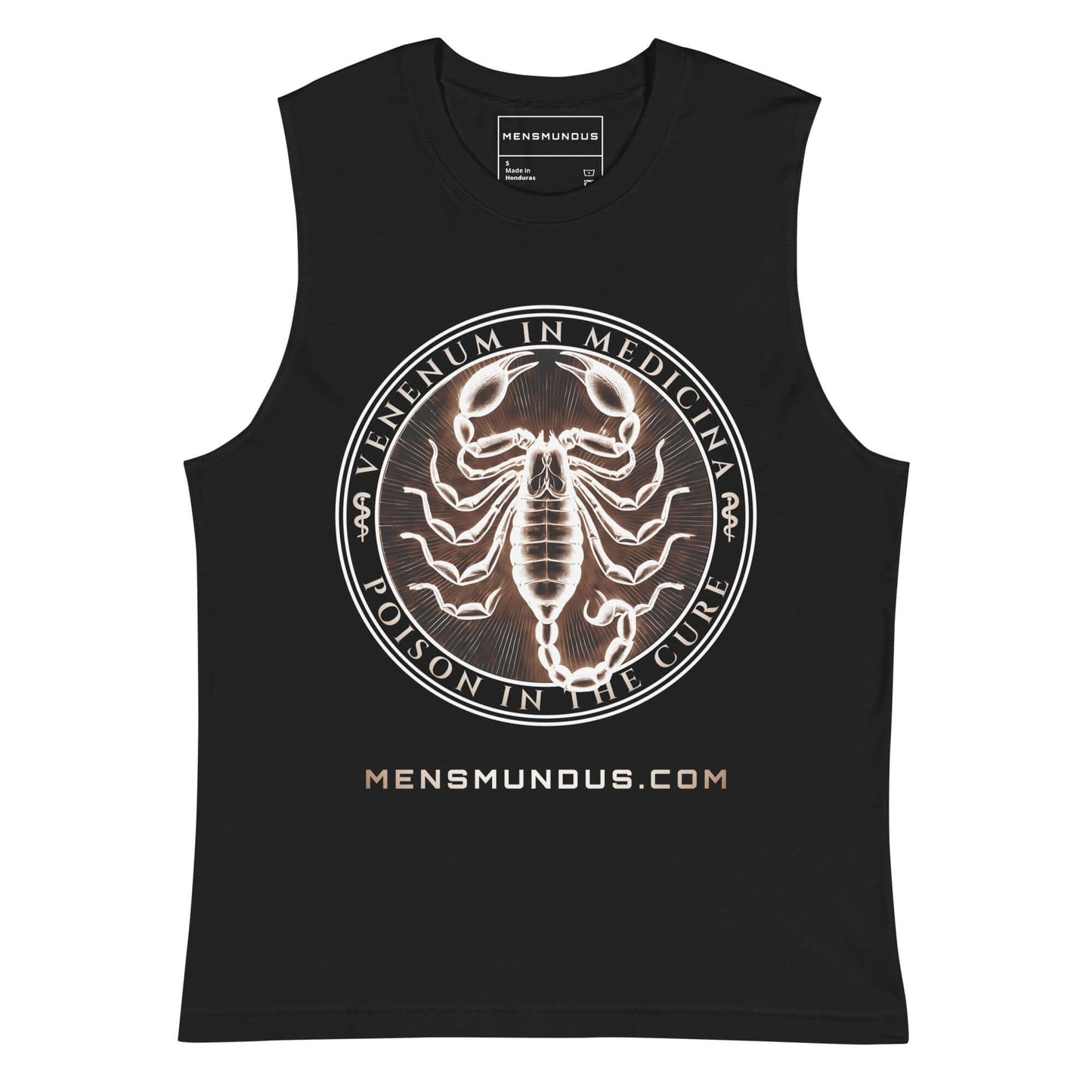 Scorpion "Venenum in Medicina" Mensmundus Edition Muscle-Shirt active wear,animal motif,bold design,cure,duality,endurance,gym wear,iconic,motivational,muscle shirt,mystery,poison,power,premium quality,resilience,scorpion,strength,unique design,unisex,ven