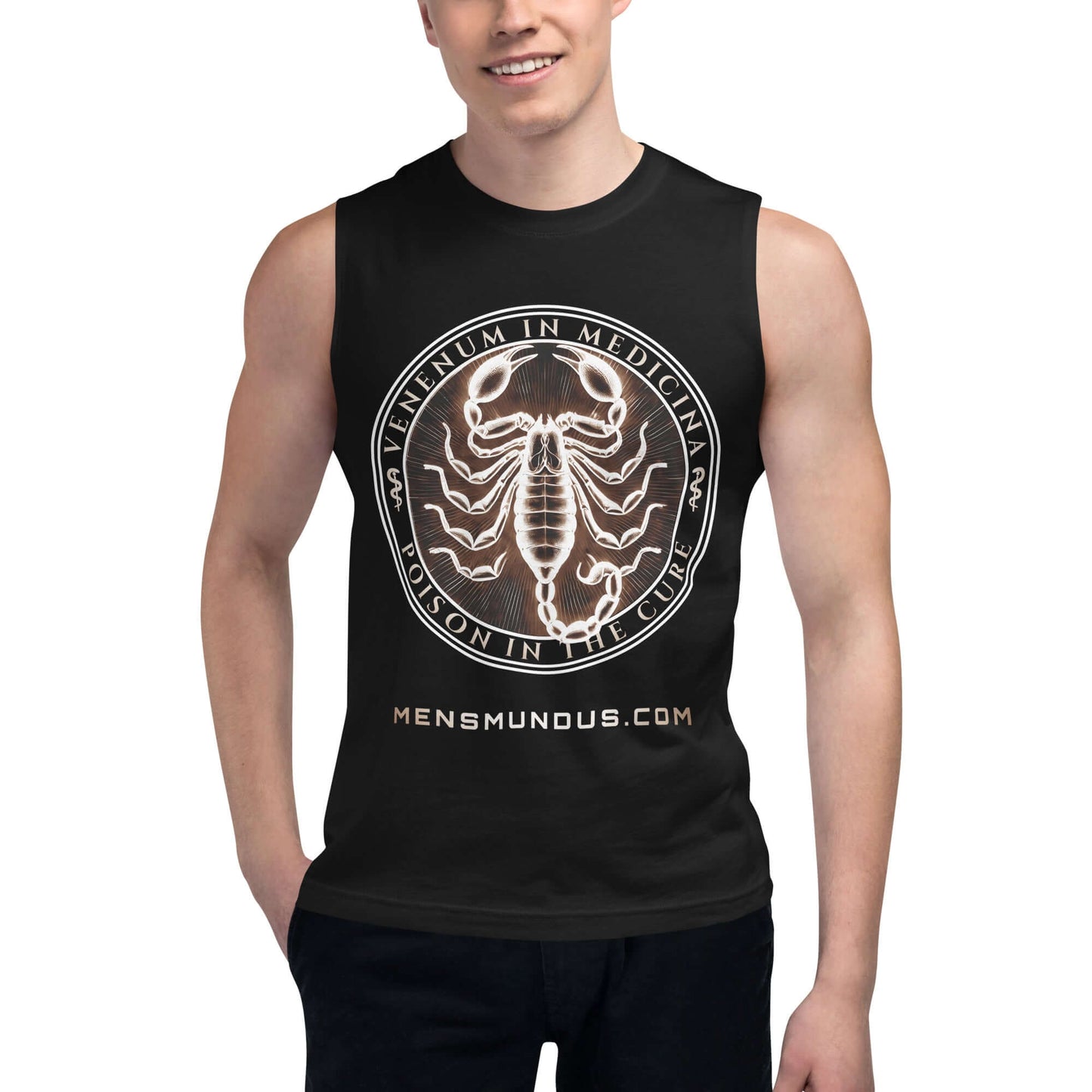 Scorpion "Venenum in Medicina" Mensmundus Edition Muscle-Shirt active wear,animal motif,bold design,cure,duality,endurance,gym wear,iconic,motivational,muscle shirt,mystery,poison,power,premium quality,resilience,scorpion,strength,unique design,unisex,ven