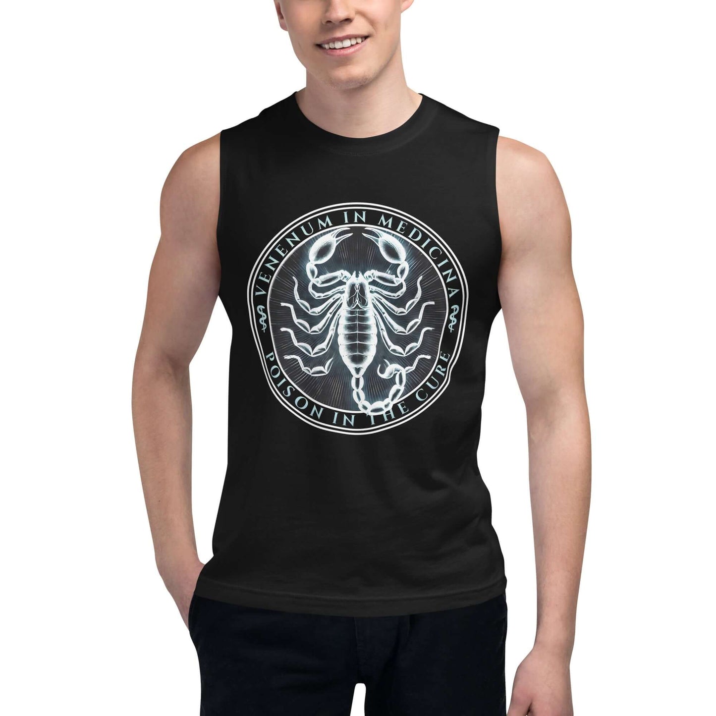 Scorpion "Poison in the cure" Muscle-Shirt active wear,animal motif,bold design,cure,duality,endurance,gym wear,iconic,motivational,muscle shirt,mystery,poison,power,premium quality,resilience,scorpion,strength,unique design,unisex,venom