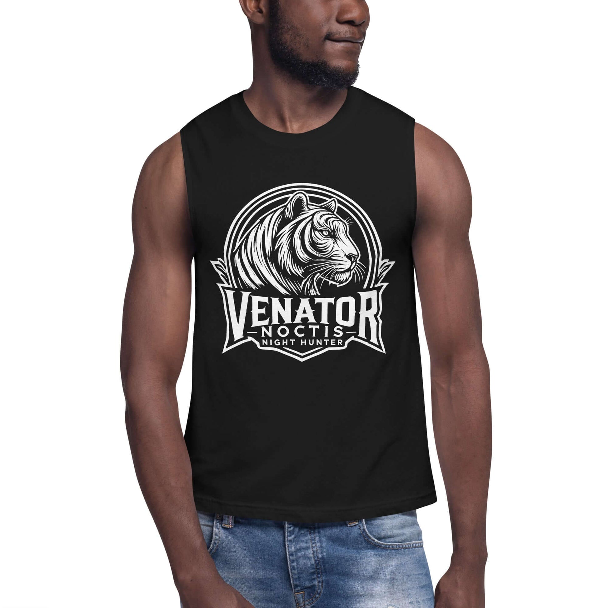 Tiger Muscle-Shirt "Venator Noctis" active wear,agility,animal motif,bold design,courage,endurance,gym wear,iconic,motivational,muscle shirt,power,predator,premium quality,resilience,strength,tiger,unique design,unisex,untamed,wild