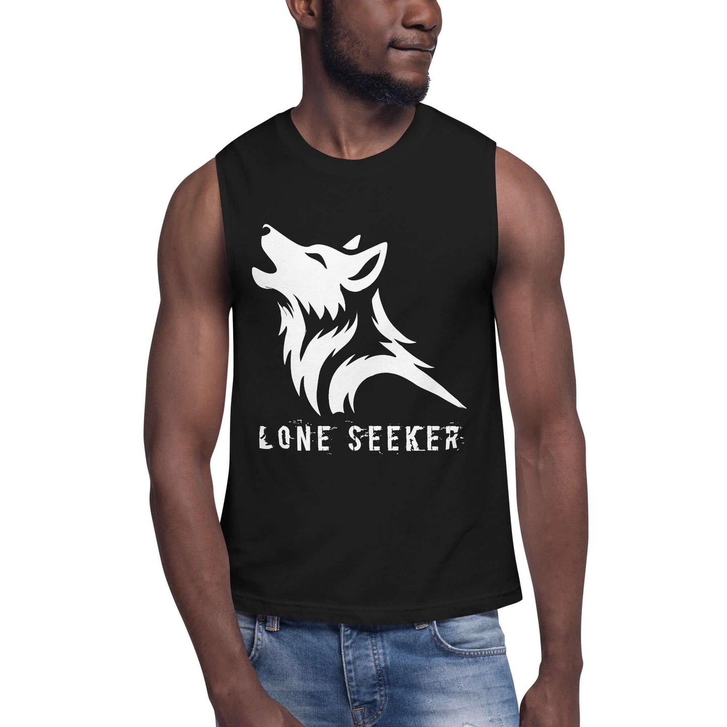 Wolf Muscle-Shirt "Lone Seeker" Black active wear,animal motif,bold design,courage,endurance,gym wear,iconic,independence,lone,motivational,muscle shirt,power,premium quality,resilience,seeker,strength,unique design,unisex,wilderness,wolf