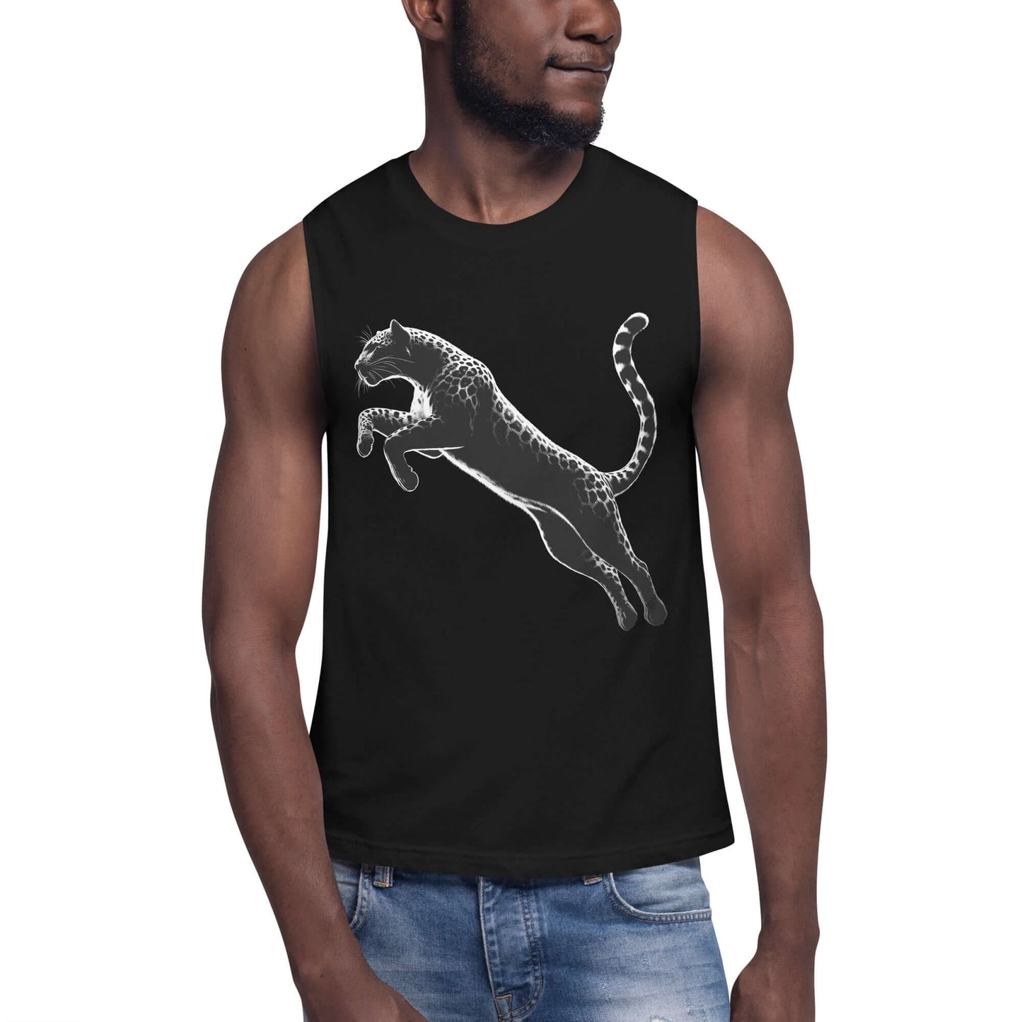 Leopard Muscle-Shirt "Jumping" active wear,agility,animal motif,bold design,endurance,gym wear,iconic,leopard,motivational,muscle shirt,nature-inspired,power,predator,premium quality,resilience,stealth,strength,unique design,unisex,wild