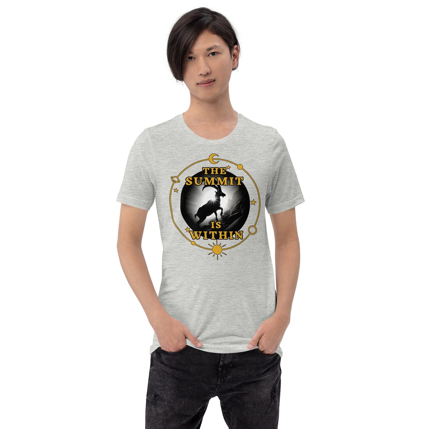 Capricorn Unisex T-Shirt "SUMMIT" Premium 100% Cotton ambition,animal motif,athletic fit,bold design,capricorn,endurance,fitted design,freedom,goal-oriented,inner strength,motivational,mountain spirit,nature-inspired,perseverance,power,premium quality,res