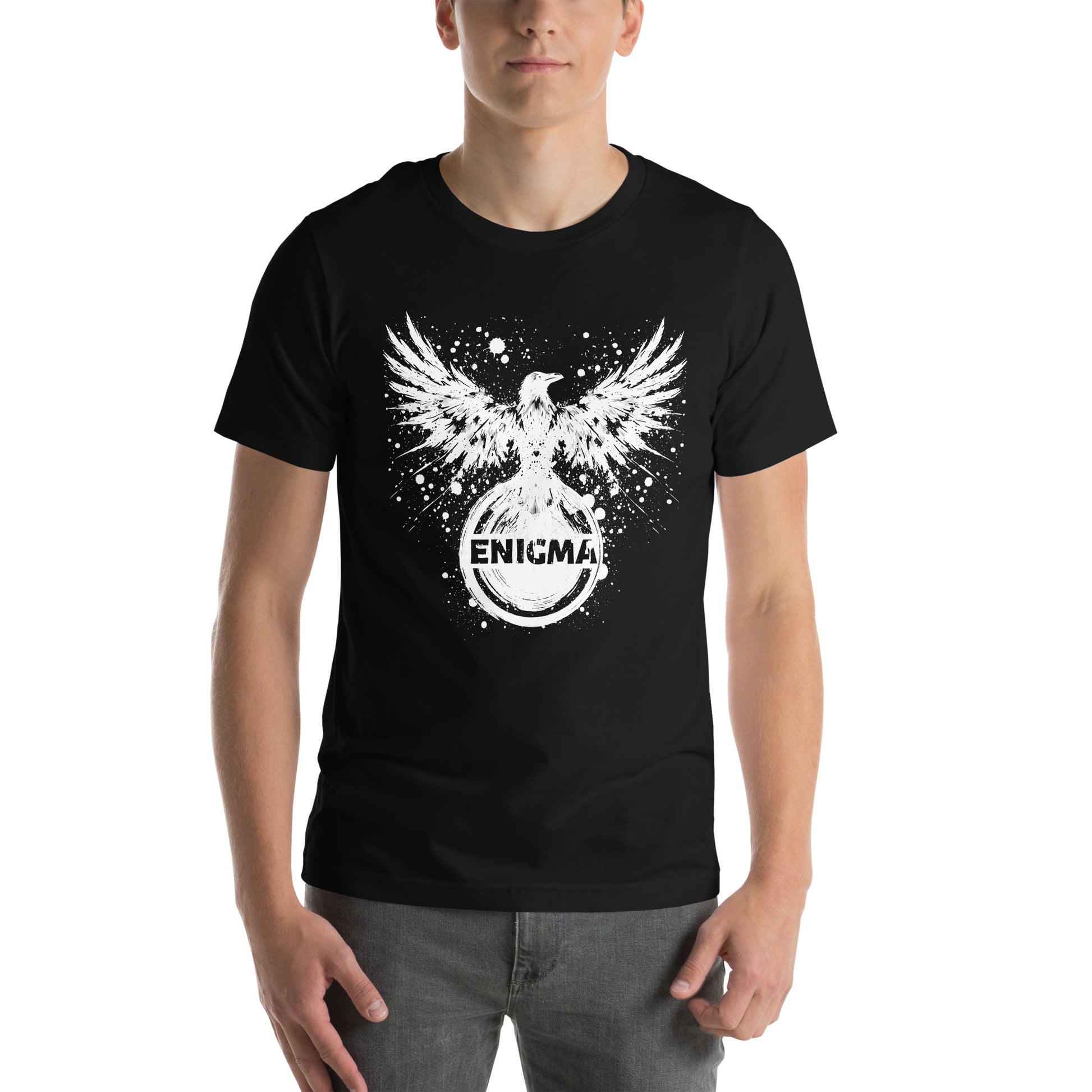 Raven Unisex T-Shirt "ENIGMA" Premium 100% Cotton animal motif,athletic fit,bold design,endurance,enigma,fitted design,freedom,motivational,mystery,nature-inspired,power,premium quality,raven,T-shirt,transformation,unique design,unisex