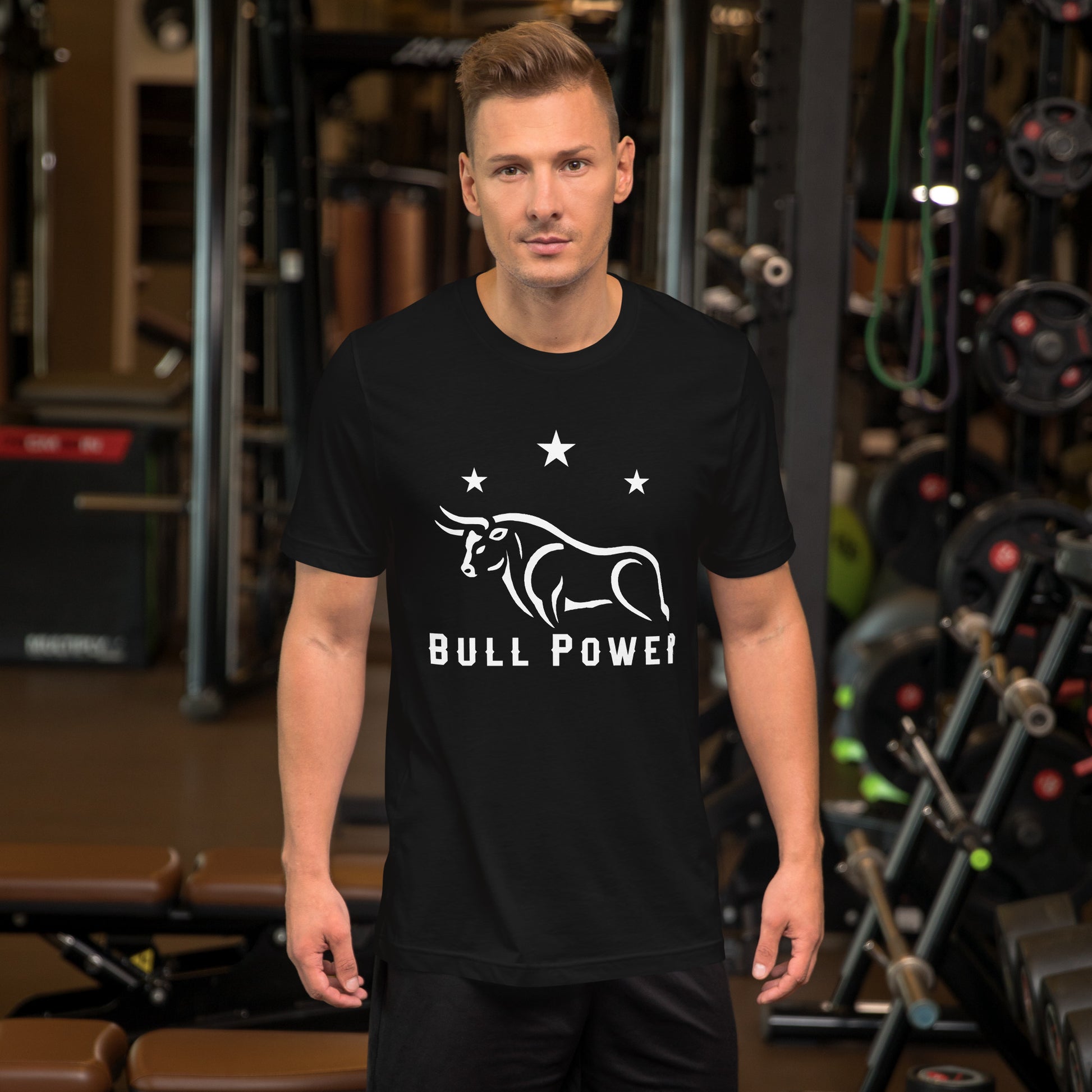 Bull Unisex T-Shirt "Power 3 Stars" Premium 100% Cotton animal motif,athletic fit,bold design,bull,endurance,fitted design,freedom,motivational,nature-inspired,power,premium quality,resilience,spirit,strength,T-shirt,unique design,unisex