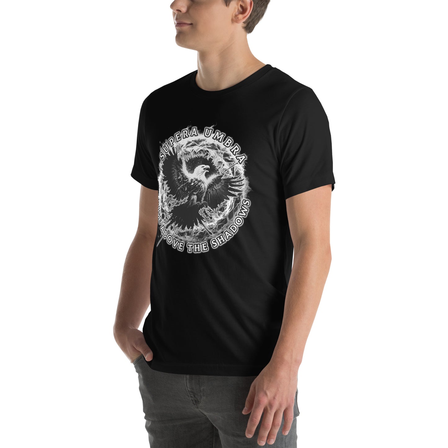 Eagle Unisex T-Shirt "Rise above the Shadows" Premium 100% Cotton above all,animal motif,athletic fit,bold design,eagle,endurance,fitted design,focus,freedom,independence,motivational,nature-inspired,power,premium quality,resilience,soar,strength,T-shirt,