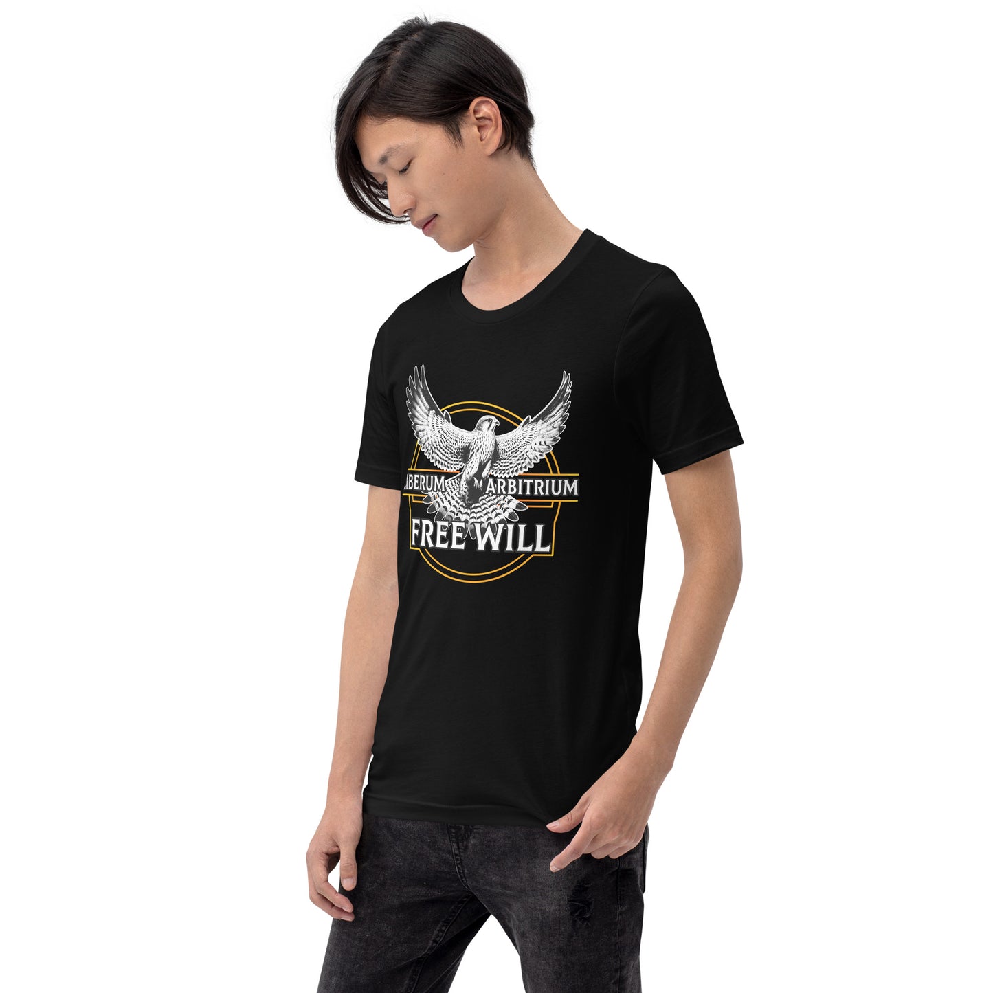 Falcon Unisex T-Shirt "Free Will" Premium 100% Cotton animal motif,athletic fit,bold design,endurance,falcon,fitted design,flight,free will,freedom,liberation,motivational,nature-inspired,power,premium quality,resilience,spirit,strength,T-shirt,unique des