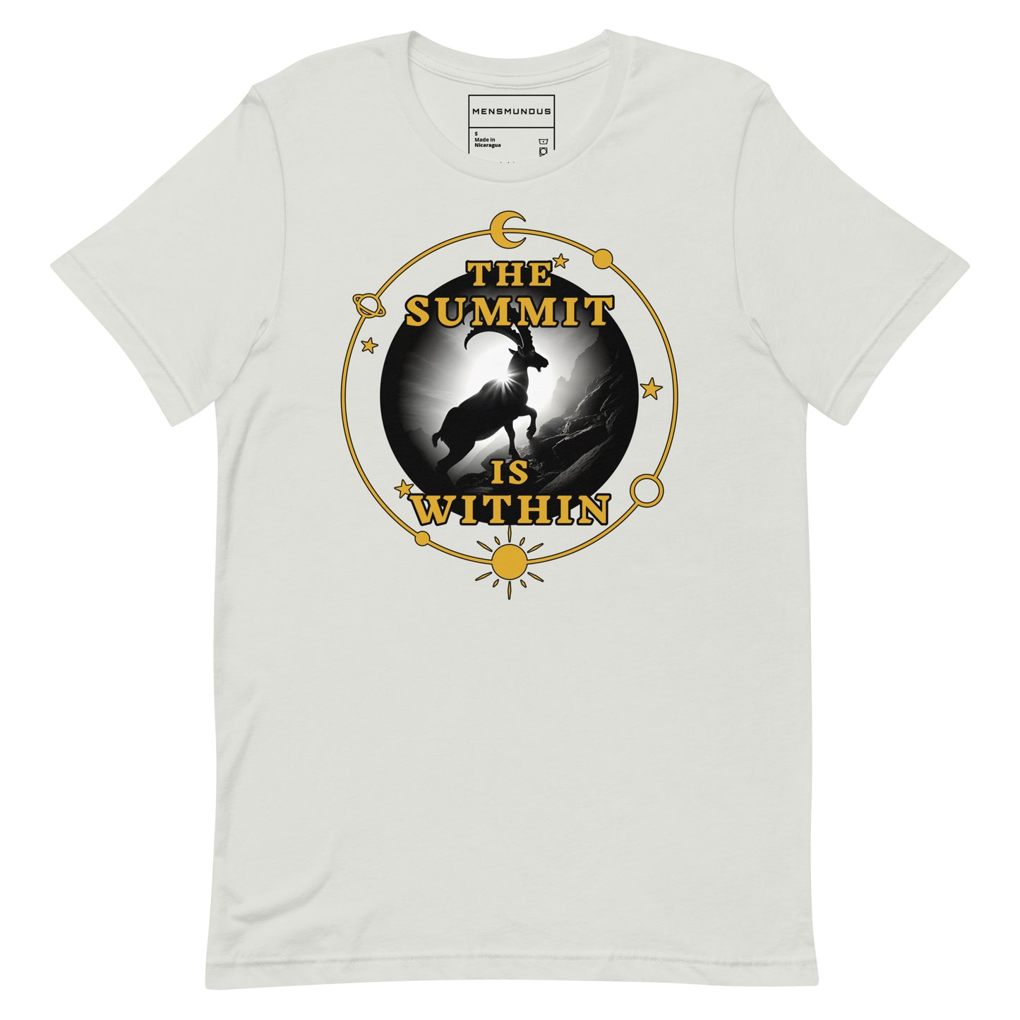 Capricorn Unisex T-Shirt "SUMMIT" Premium 100% Cotton ambition,animal motif,athletic fit,bold design,capricorn,endurance,fitted design,freedom,goal-oriented,inner strength,motivational,mountain spirit,nature-inspired,perseverance,power,premium quality,res