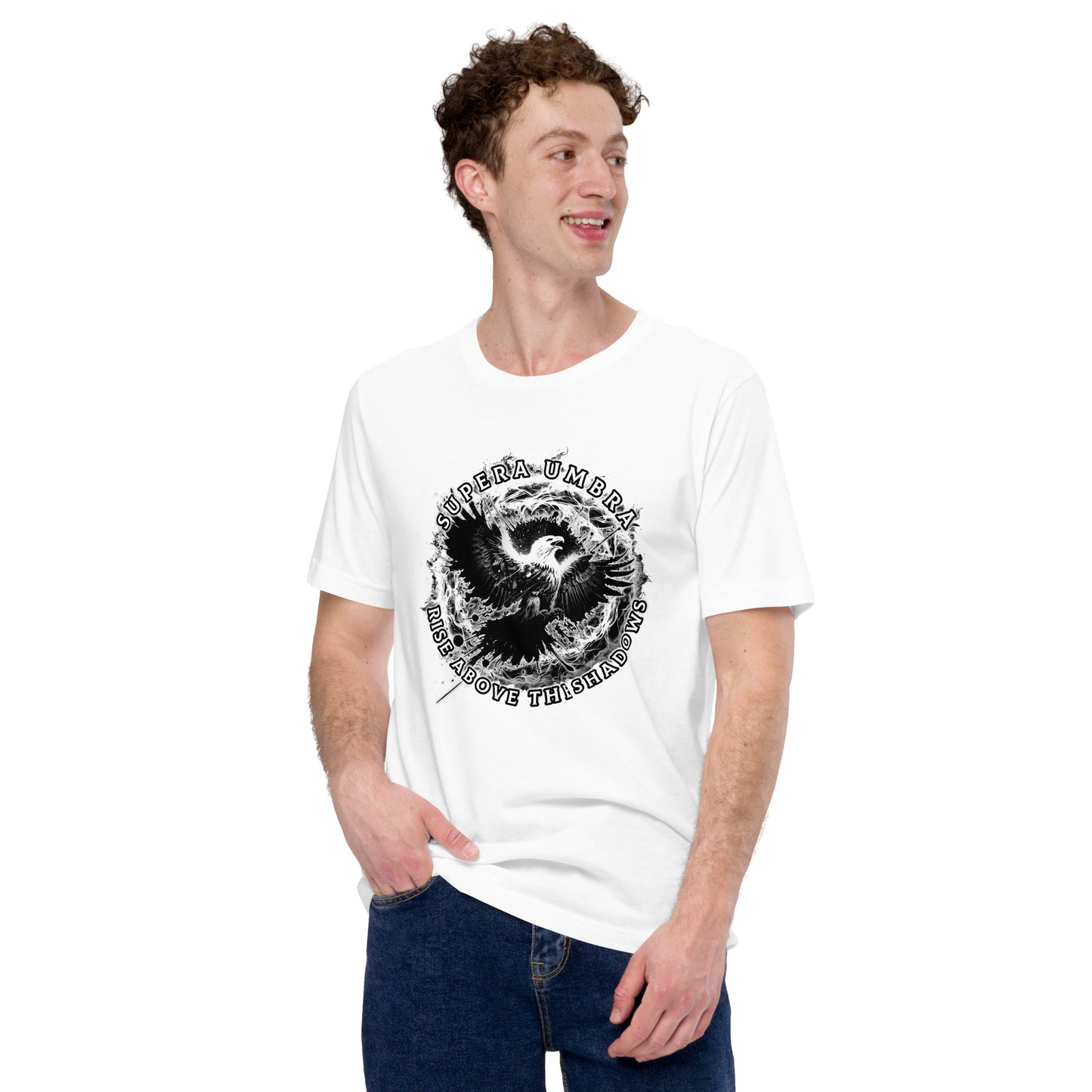 Eagle Unisex T-Shirt "Rise above the Shadows" Premium 100% Cotton above all,animal motif,athletic fit,bold design,eagle,endurance,fitted design,focus,freedom,independence,motivational,nature-inspired,power,premium quality,resilience,soar,strength,T-shirt,